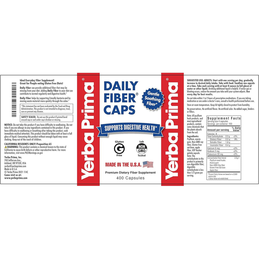 Yerba Prima Daily Fiber Caps Formula, 400 Capsules - Both Soluble and Insoluble - with Psyllium Seed Husks, Acacia Gum, Apple Fiber and More - Dietary Supplement