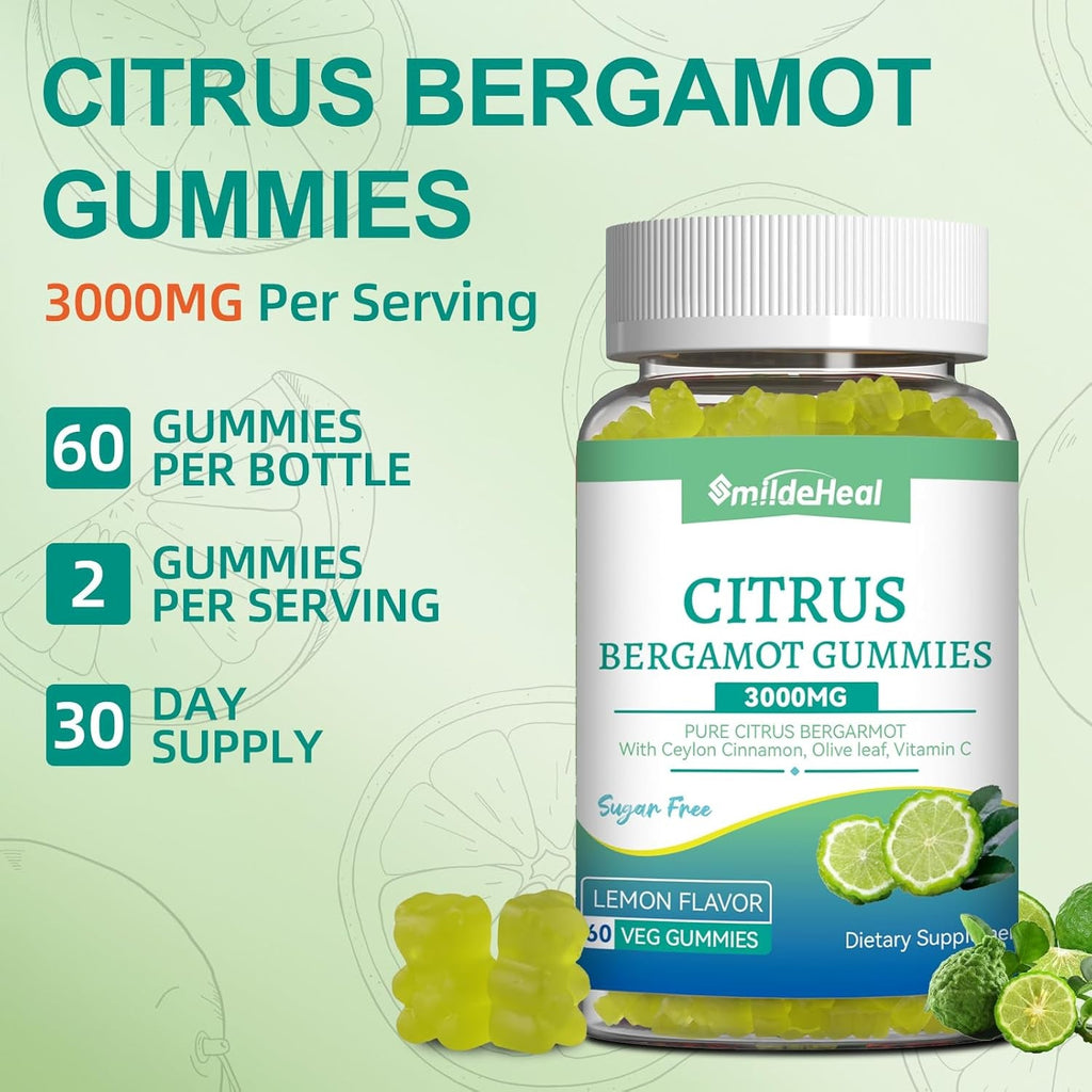 Citrus Bergamot Gummies 3000Mg, Bergamot Supplement for High Cholesterol, Cholesterol Lowering Supplement for Heart, Immune System & Anti-Aging, Sugar Free Vegan 60 Gummies