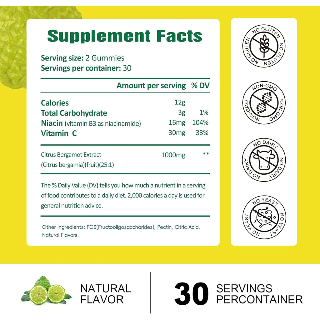 Sugar Free Citrus Bergamot Gummies - All Natural Supplements 25:1 Extract from Italian Bergamot Supplement for Healthy Anti-Aging Sugar-Free Vegan