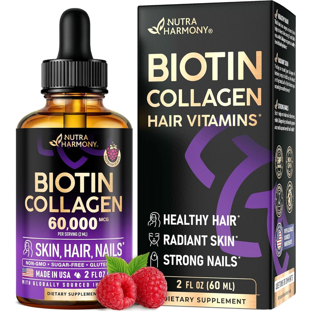 Liquid Biotin & Collagen 60,000 Mcg - Vitamins for Hair Growth Support - Extra Strength Drops for Women & Men - Liquid Collagen Supplement - Strong Nails & Healthy Skin - Raspberry Flavor, 2 Fl Oz