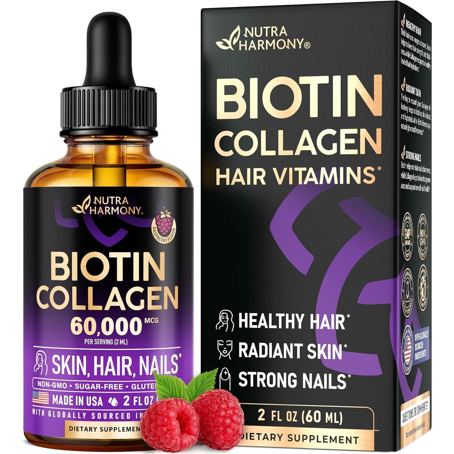 Liquid Biotin & Collagen 60,000 Mcg - Vitamins for Hair Growth Support - Extra Strength Drops for Women & Men - Liquid Collagen Supplement - Strong Nails & Healthy Skin - Raspberry Flavor, 2 Fl Oz