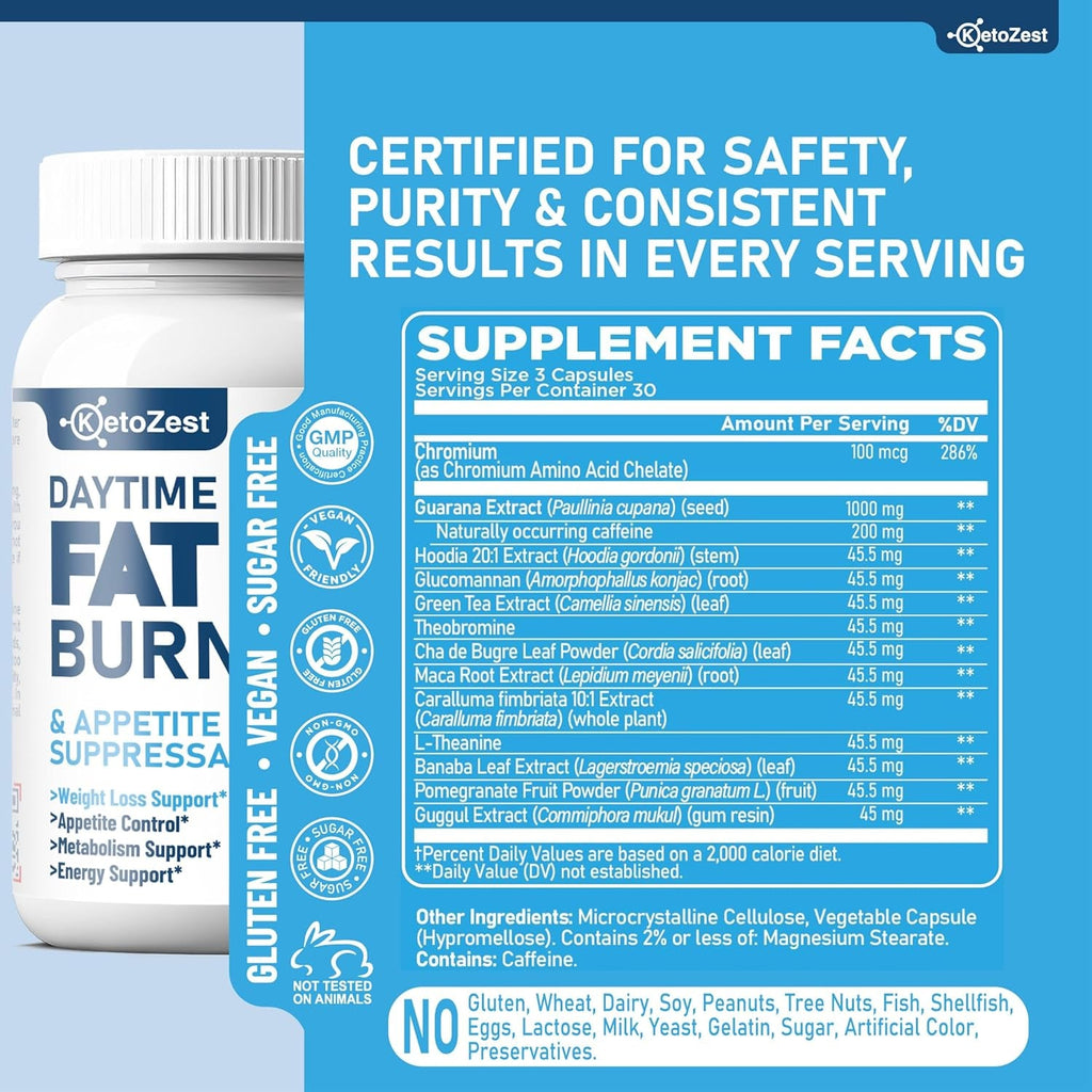 Fat Burner Appetite Suppressant for Weight Loss - Daytime Men Women Natural Thermogenic Fat Burning Diet Pills with Green Tea Caffeine - Curb Hunger Appetite Control Belly Fat Burn Support