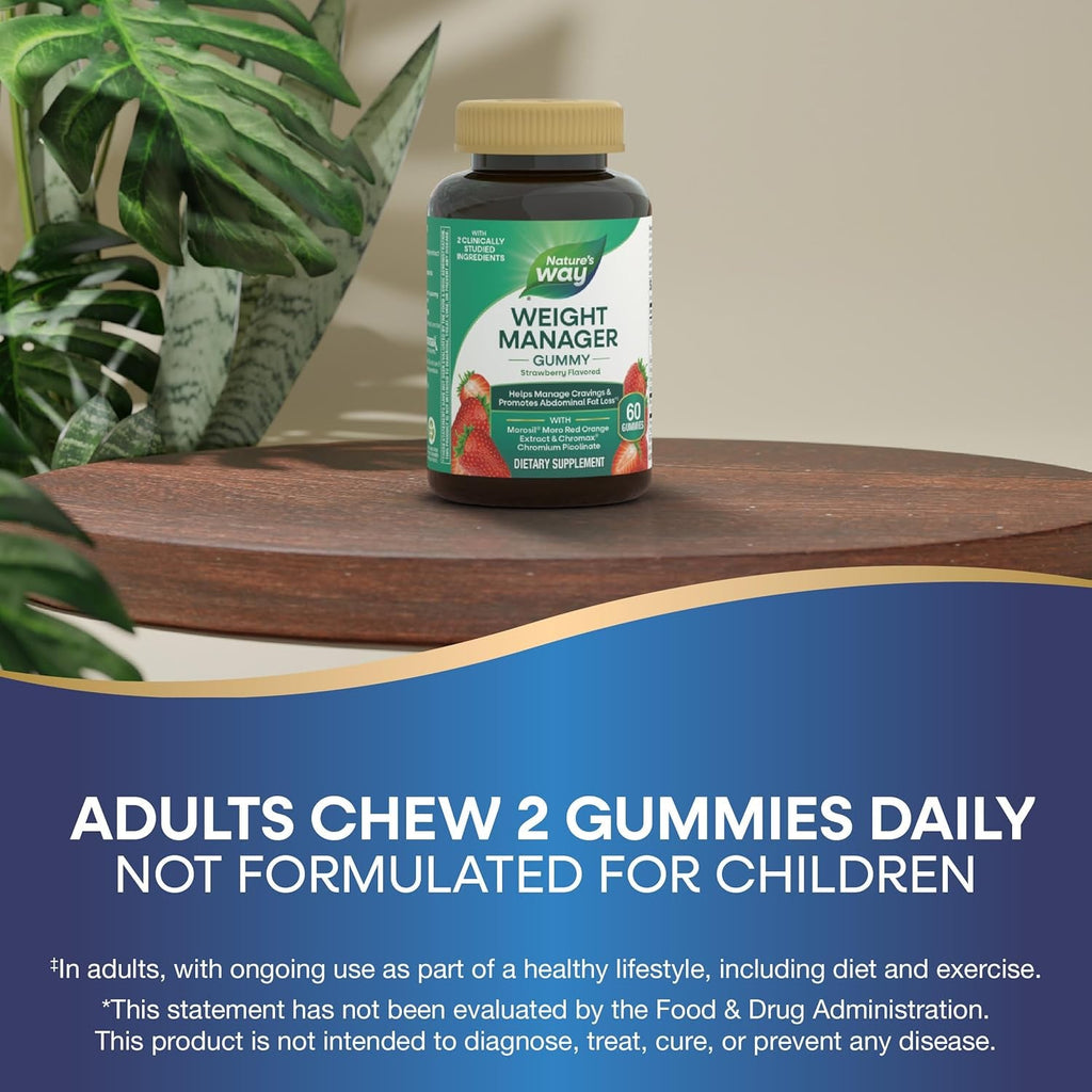 Nature'S Way Weight Manager Gummy, Helps Manage Cravings & Promotes Abdominal Fat Loss*(1), with Clinically Studied Ingredients, Vitamins B6 & B12, Strawberry Flavored, 60 Gummies