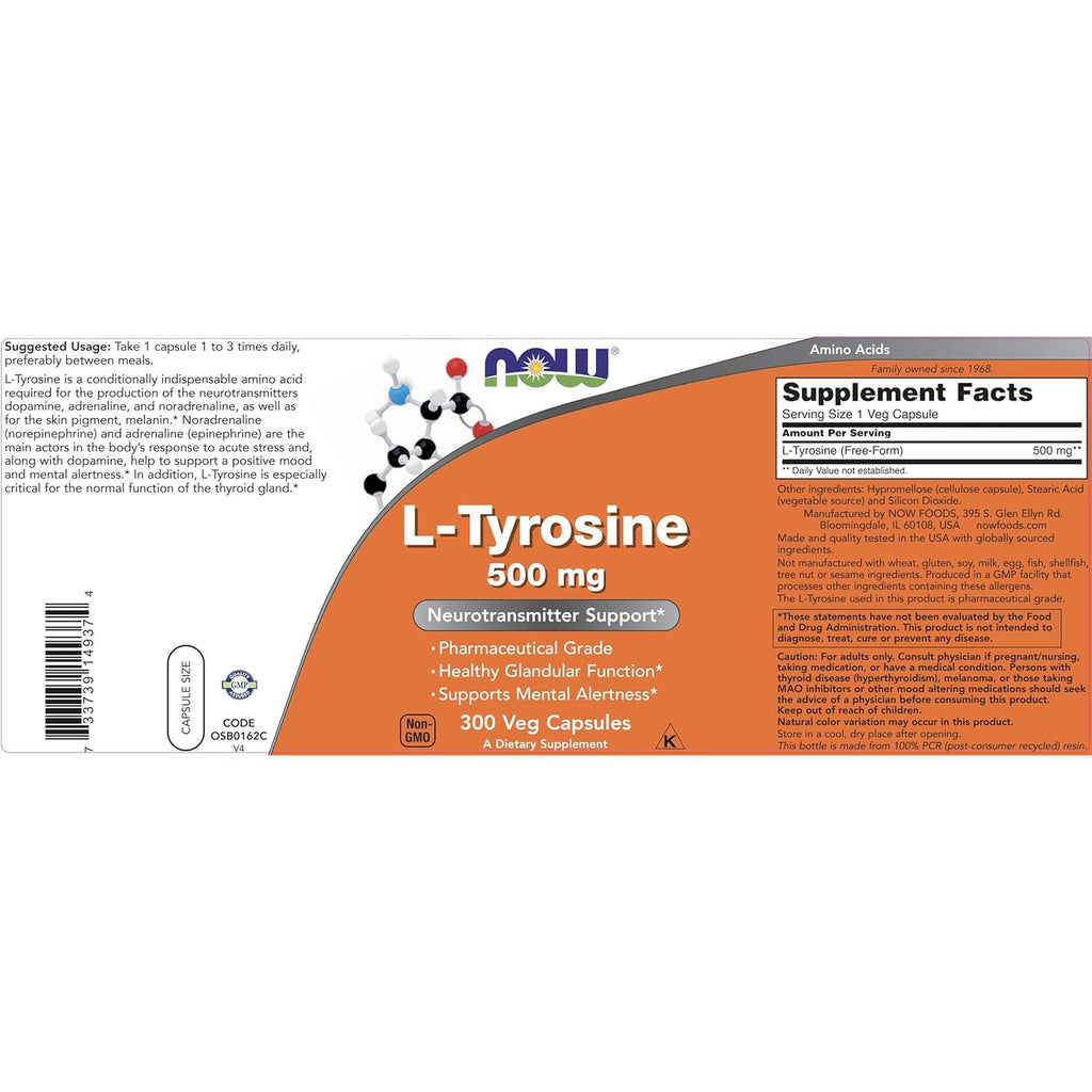 Now Foods L-Tyrosine 500Mg, 300 Capsules - Non GMO - Supports Mental Alertness - 500 Mg Caps - Free Form Supplement