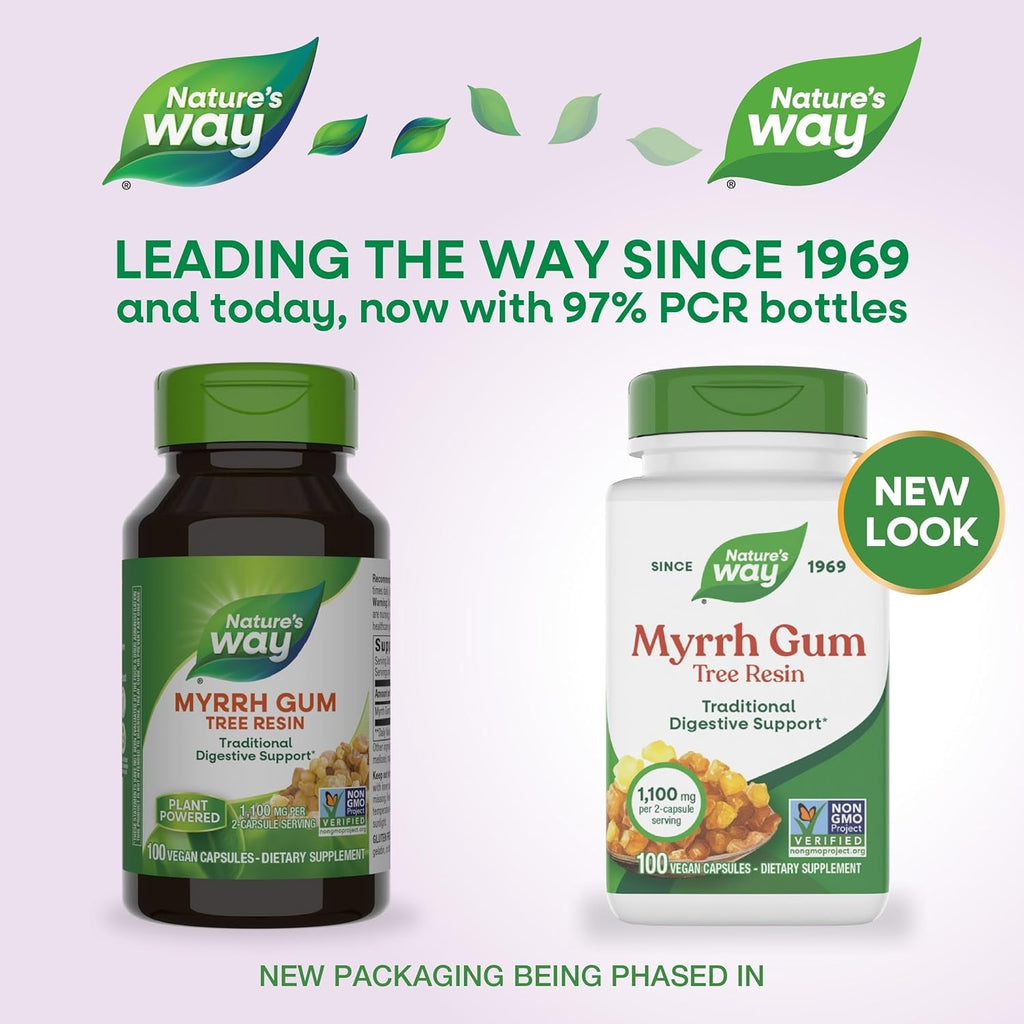 Nature'S Way Myrrh Gum Tree Resin, Traditional Digestive Support*, 1.1 G per 2-Capsule Serving, Non-Gmo Project Verified, No Gluten, 100 Vegan Capsules (Packaging May Vary)