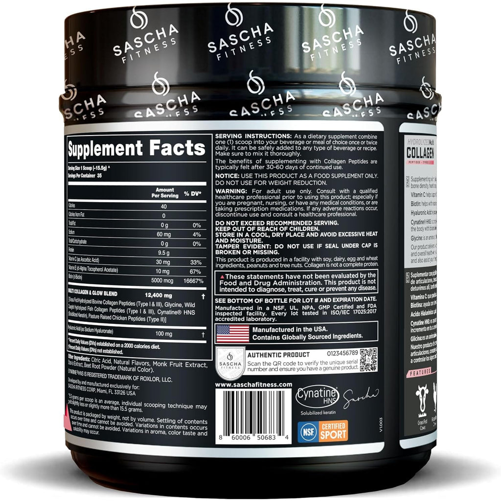 SASCHA FITNESS Hydrolyzed Multi Collagen Peptides Tipes 1,2 & 3 |Hyaluronic Acid|Biotin |Cynatine Hsn|Vitamin C & E |For Hairs, Skin & Bone Support|Strawberry Lemonade