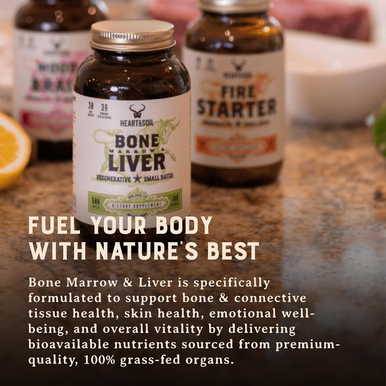 Heart & Soil – 100% Grass Fed & Finished Bone Marrow & Beef Liver from Regenerative Cattle – Supports Bones, Joints, Tissue & Skin – 3000Mg Libido Booster for Women & Men – Glass Bottle – 180 Capsules