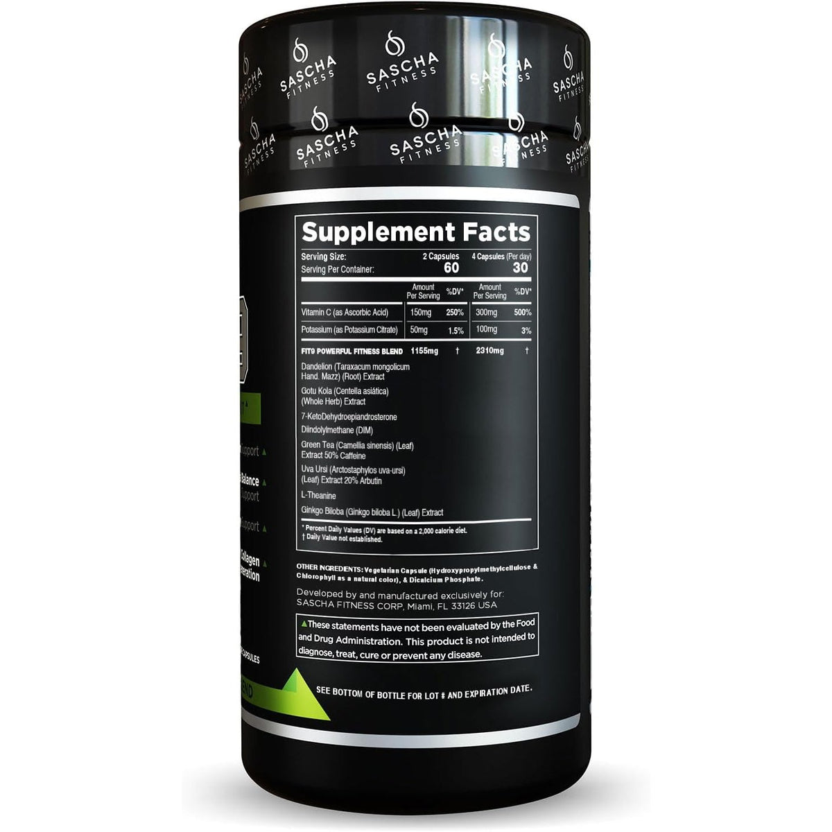 Sascha Fitness Fat Loss Pills | Collagen Support | Fluid Balance | FIT9 Ingredients: 7Keto + Uva Ursi, Gotu Kola, L-Theanine,Gingko Biloba,Dim,Green Tea | Weight Loss Supplements-Vegan-120 Natural Cap