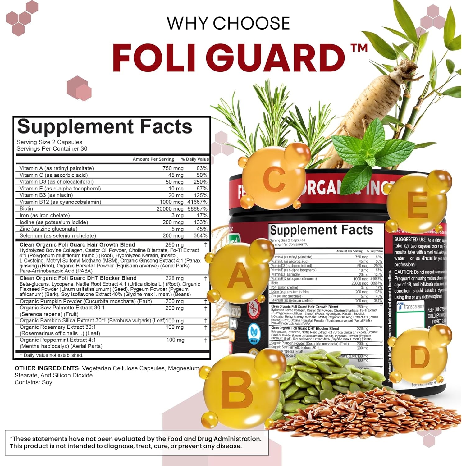 Hair Growth Supplement for Men | Biotin Hair Vitamins Collagen Pumpkin Seed Saw Palmetto Iron Ginseng Bamboo Silica Rosemary Peppermint Keratin Selenium Iodine Flaxseed Horsetail Vitamin a C D3 E B12