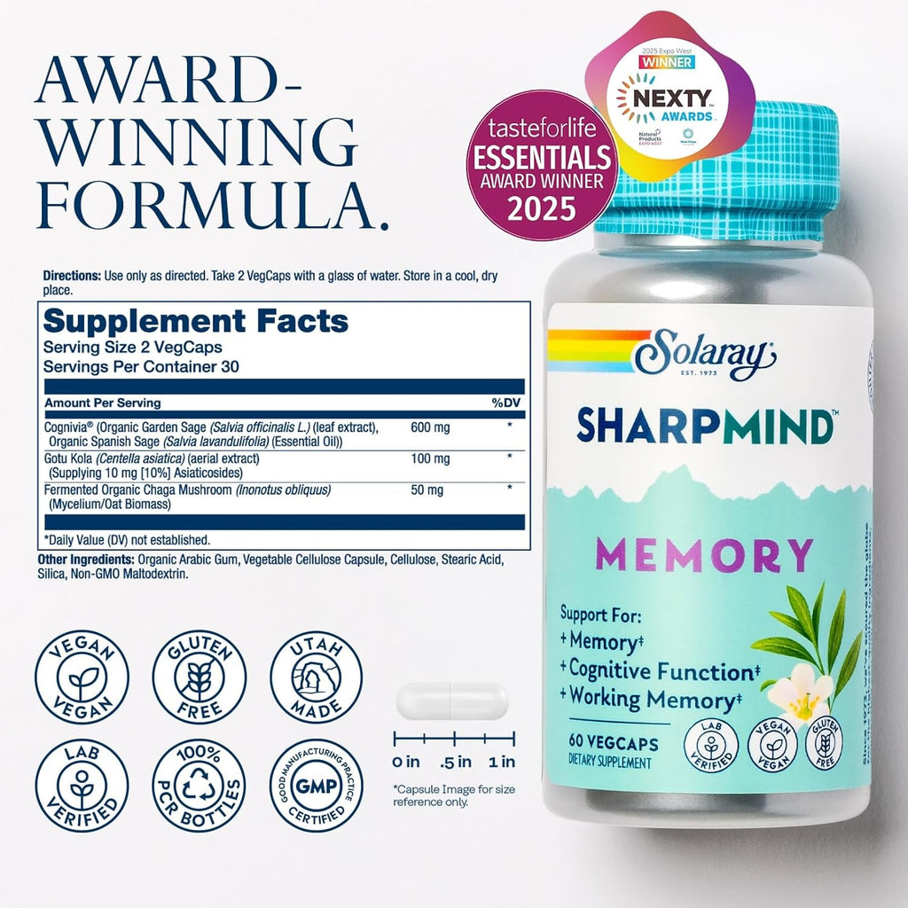 SOLARAY Sharpmind Memory Formula - Brain Supplements for Memory and Focus - Cognivia, Gotu Kola & Chaga Mushroom Supplement - Ginkgo Biloba Alternative - 60-Day Guarantee - 30 Servings, 60 Vegcaps