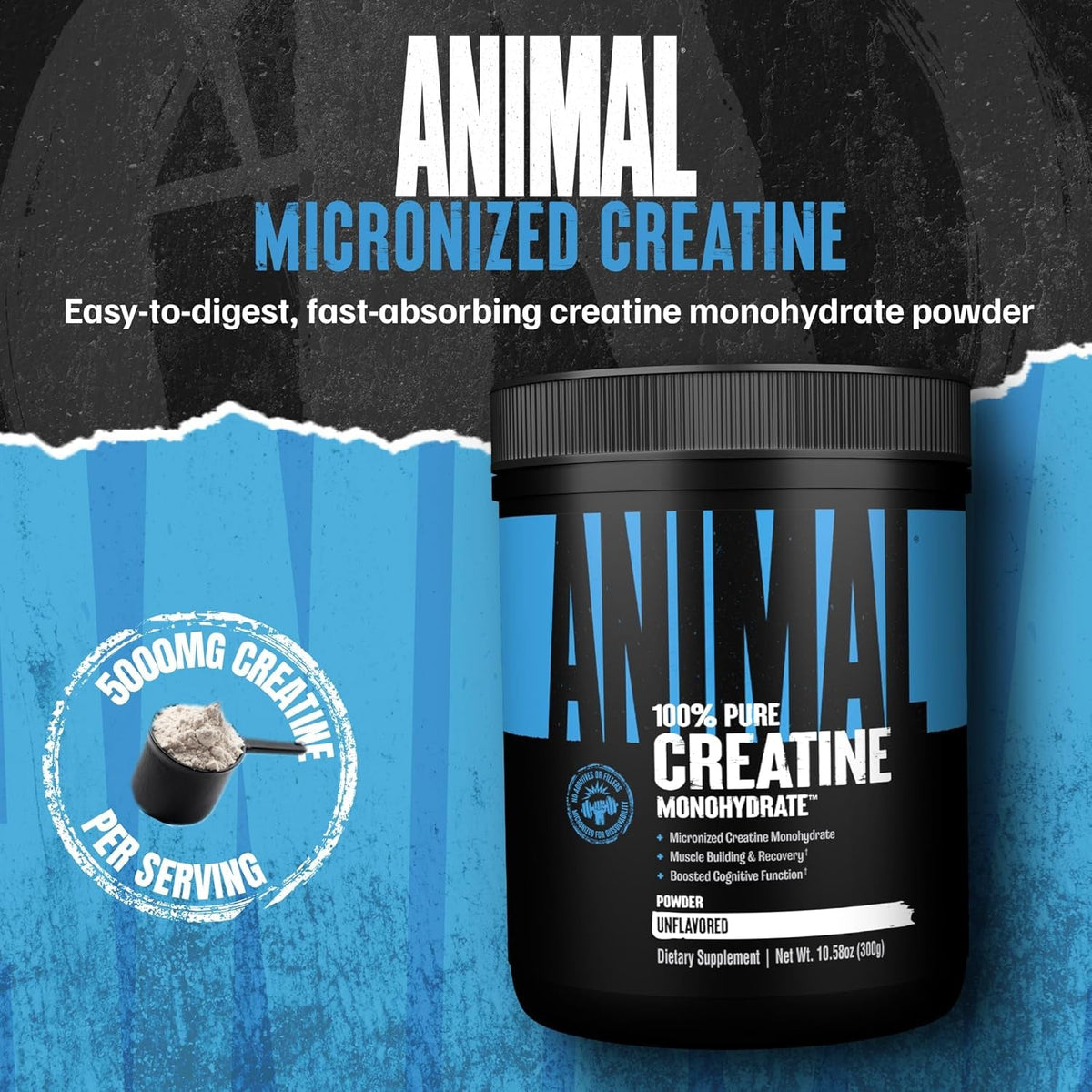 Animal Creatine Monohydrate Powder — Micronized for Muscle Recovery, Cellular Energy, and Daily Wellness — for Men and Women — Unflavored 300G