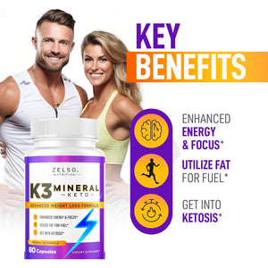 ZELSO K3 Mineral Weight Loss Pills for Women and Men, K3 Mineral Pills - K3 Salt Mineral, Vitamin + K3 Capsules Supplement for Keto Weight Loss - 1 Month Supply