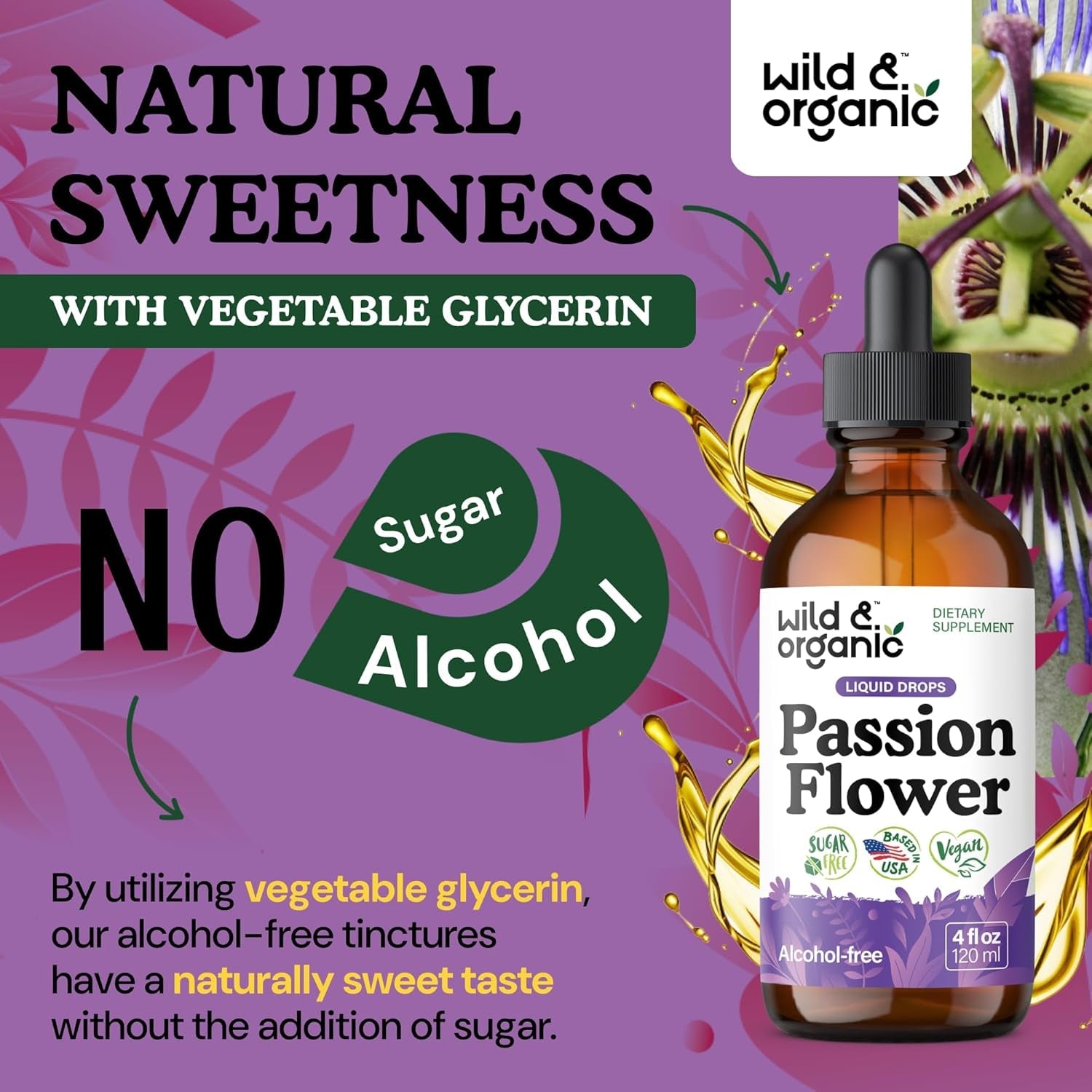 Wild & Organic Passion Flower Tincture - Mood Support - Calming Passionflower Supplement - Passiflora Incarnata Liquid Extract - Vegan, Sugar & Alcohol-Free Herb Drops - 4 Fl Oz