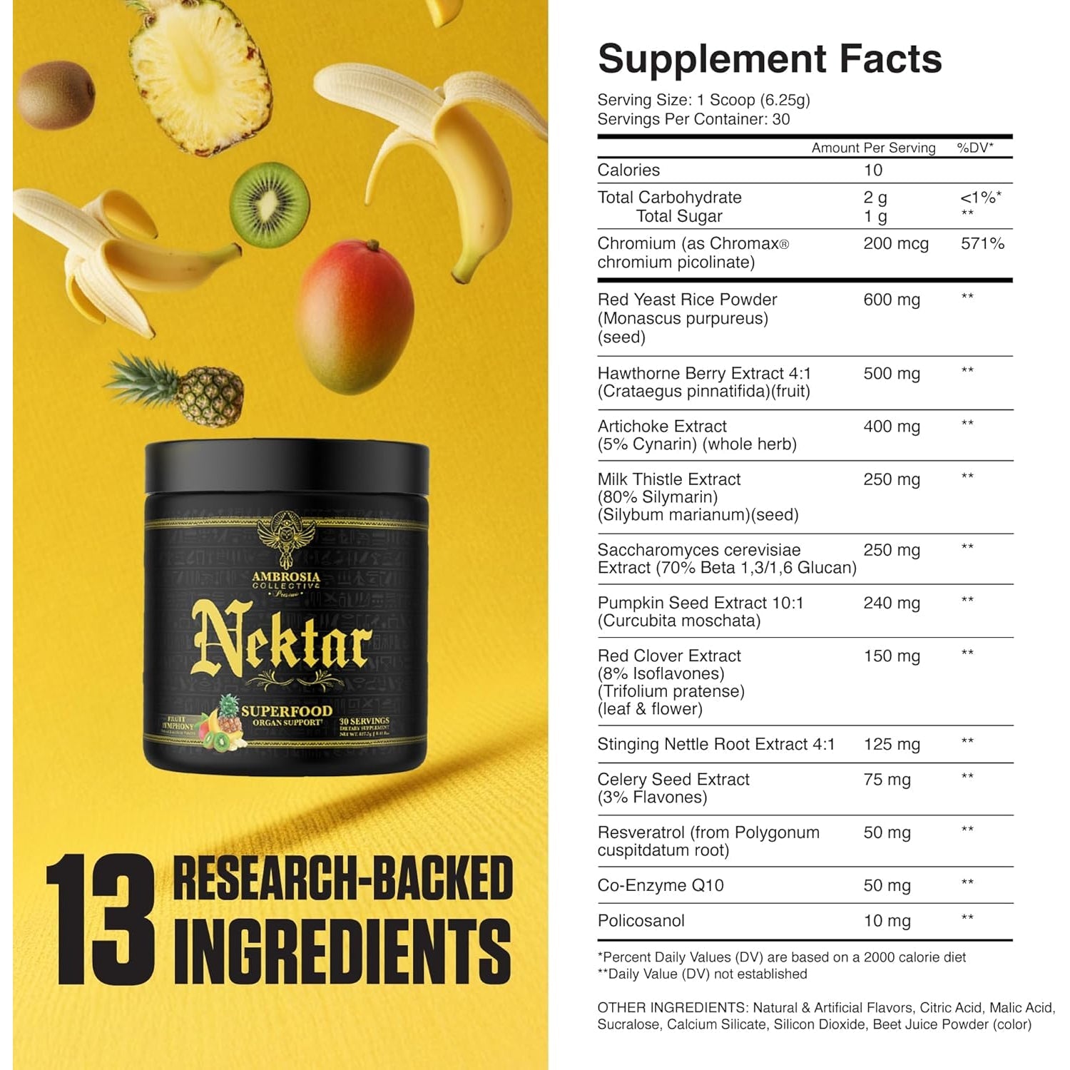 Ambrosia Superfood Organ & Cycle Support Powder | Liver & Kidney Support with Milk Thistle, Red Yeast Rice & Coq10 | 13 Superfood Ingredients | 30 Servings | Fruit Symphony