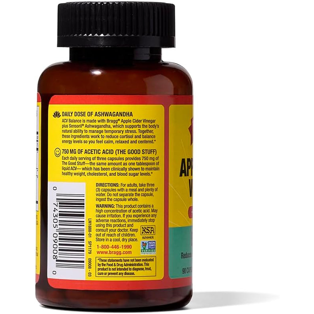 Bragg Daily Balance Apple Cider Vinegar and Sensoril Ashwagandha Capsules - 750Mg of Acetic Acid – Energy & Weight Management Support - (90 Pills)