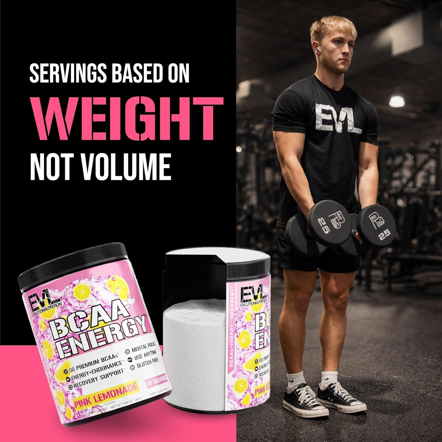 Evlution EVL Bcaas Amino Acids Powder - BCAA Energy Pre Workout Powder for Muscle Recovery Lean Growth and Endurance - Rehydrating Post Workout Recovery Drink with Natural Caffeine - Pink Lemonade