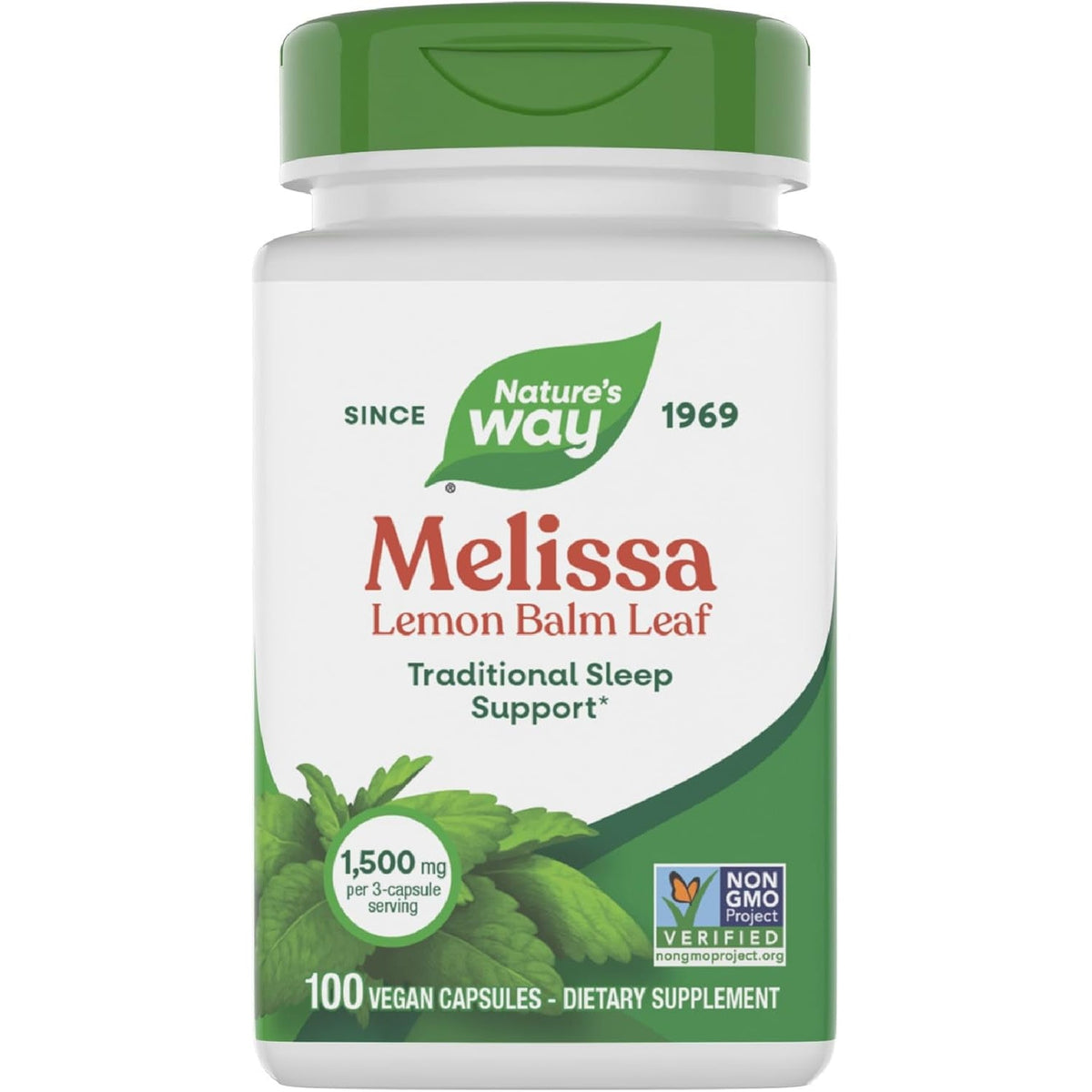 Nature'S Way Melissa Lemon Balm Leaf, Traditional Sleep Support*, Melatonin Free, 1500 Mg per 3-Capsule Serving, Non-Gmo Project Verified, 100 Vegan Capsules (Packaging May Vary)