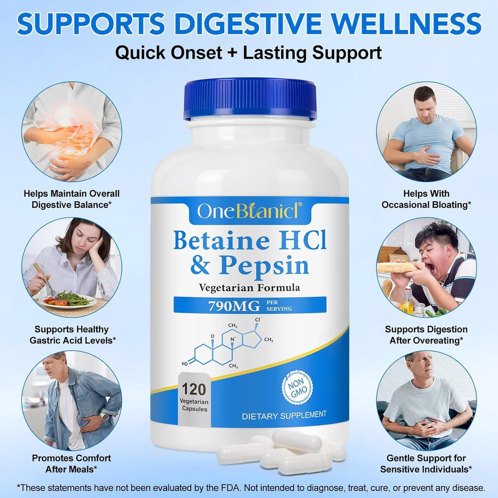 Betaine Hcl with Pepsin Digestive Enzymes Supplement, 120 Vegan Capsules, 790Mg Gluten-Free Formula for Digestive Support & Stomach Comfort, Plant-Based, Non-Gmo
