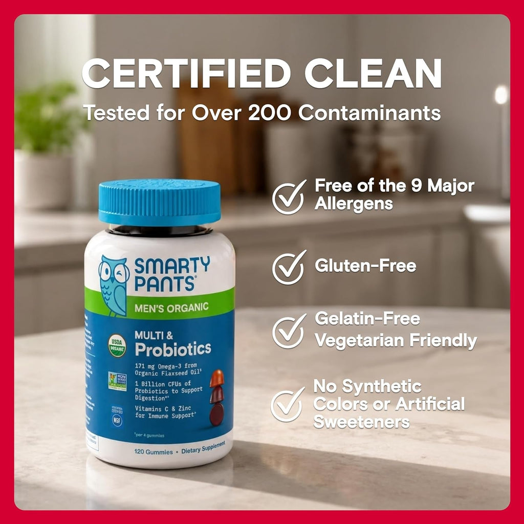 Smartypants Multivitamin for Men, Organic Gummies: Probiotics, Coq10, Methylfolate, Omega 3 (ALA), Vitamin D3, C, Vitamin B12, B6, A, K & Zinc for Immune Support, Biotin, 120 Gummies (30 Day Supply)