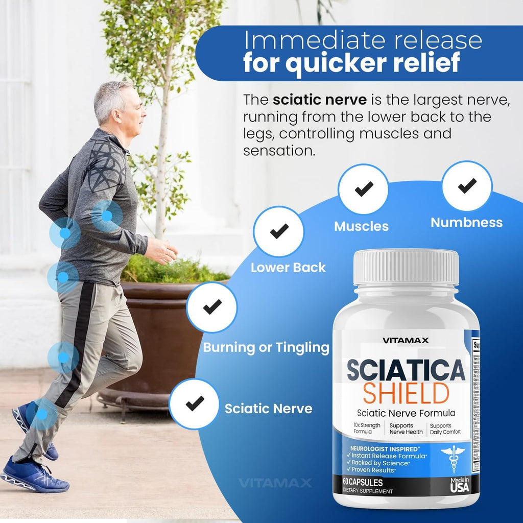 Sciatic Nerve Health Support Supplement – 10X Formula Alpha Lipoic Acid Folic Acid, Turmeric, Glucosamine, MSM, Vitamin B Complex - Made in USA – 60Ct