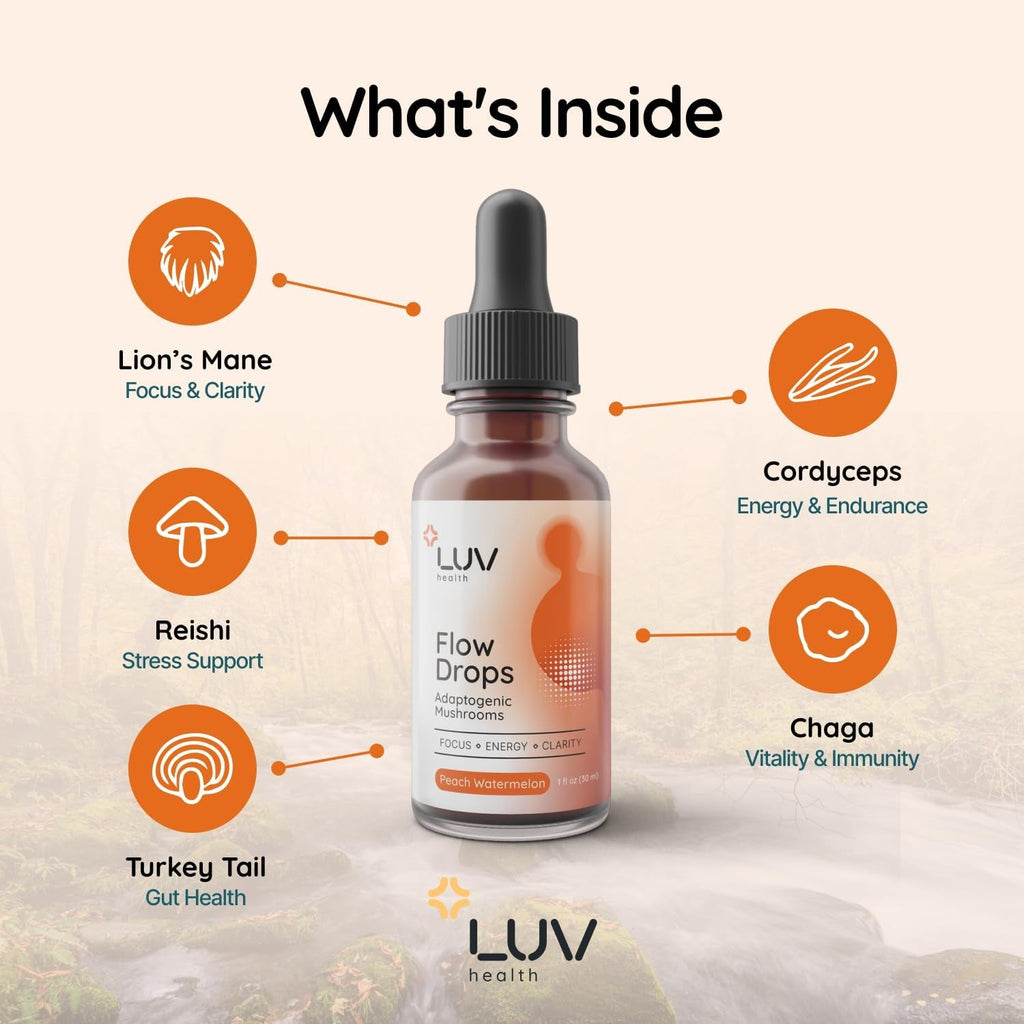 Flow Drops LUV Health Energy Supplement for Focus, Mental Clarity & Immune Support - Adaptogenic Mushrooms with Lion’S Mane, Cordyceps, Reishi, Chaga & Turkey Tail – Vegan, Made in USA 30 Servings