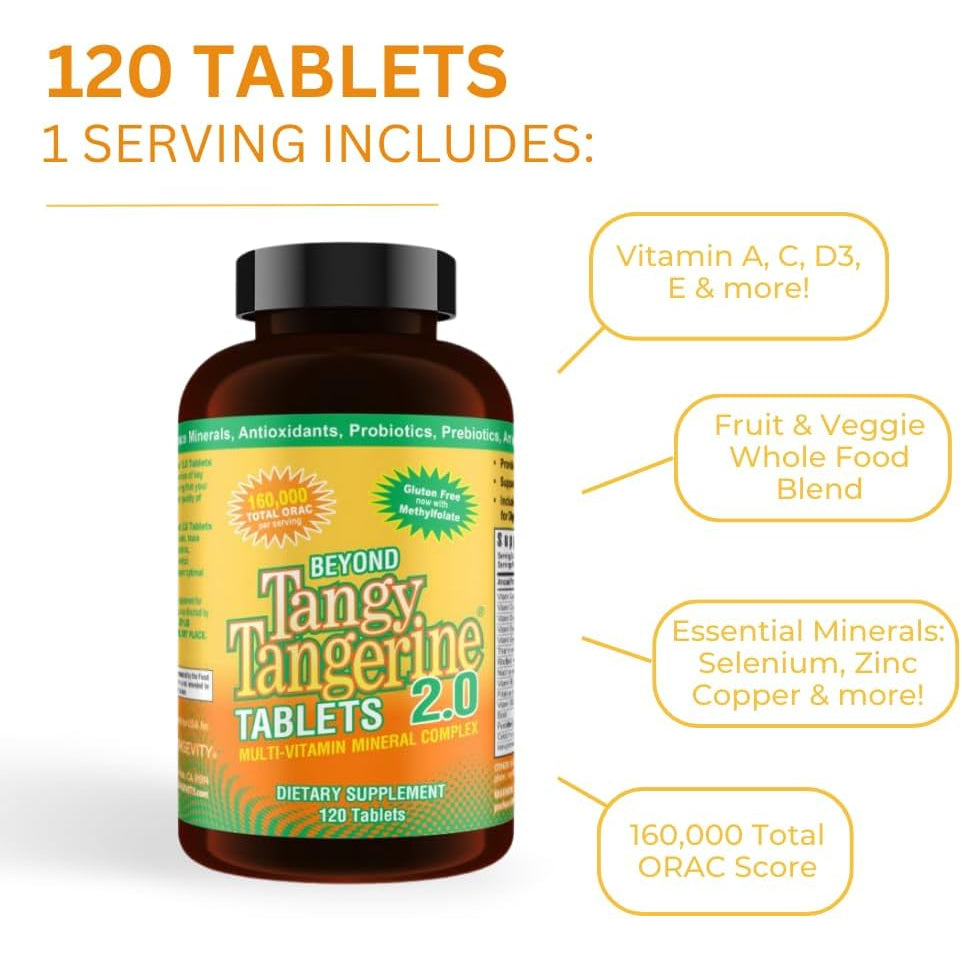 Youngevity beyond Tangy Tangerine 2.0 Multi-Vitamin & Mineral Complex - Made with Natural & Whole Foods | 160,000 ORAC | 120 Tablets | 1 Bottle