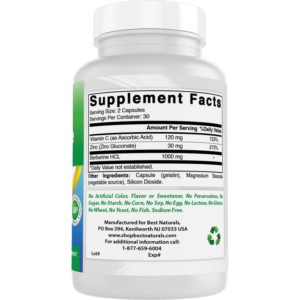 Best Naturals Berberine plus 1000Mg per Serving, (Non-Gmo) 60 Capsules - Contains Berberine HCL 1000Mg, Vitamin C 120Mg & Zinc Gluconate 30 Mg