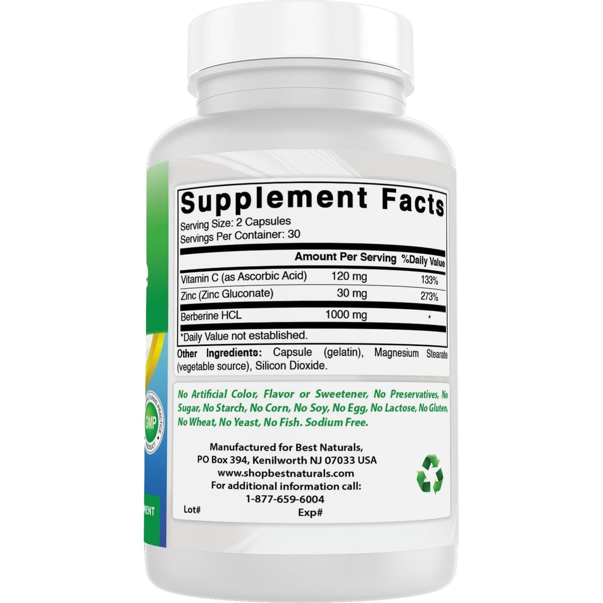 Best Naturals Berberine plus 1000Mg per Serving, (Non-Gmo) 60 Capsules - Contains Berberine HCL 1000Mg, Vitamin C 120Mg & Zinc Gluconate 30 Mg