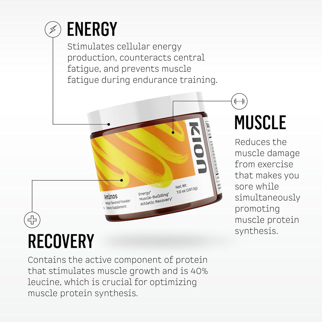 Kion Aminos Essential Amino Acids Powder - Amino Acid Nutritional Supplements, Aminos Powder, Essential Amino Energy No Caffeine, Eaas Amino Acids Powder, BCAA EAA - 30 Servings, Mango