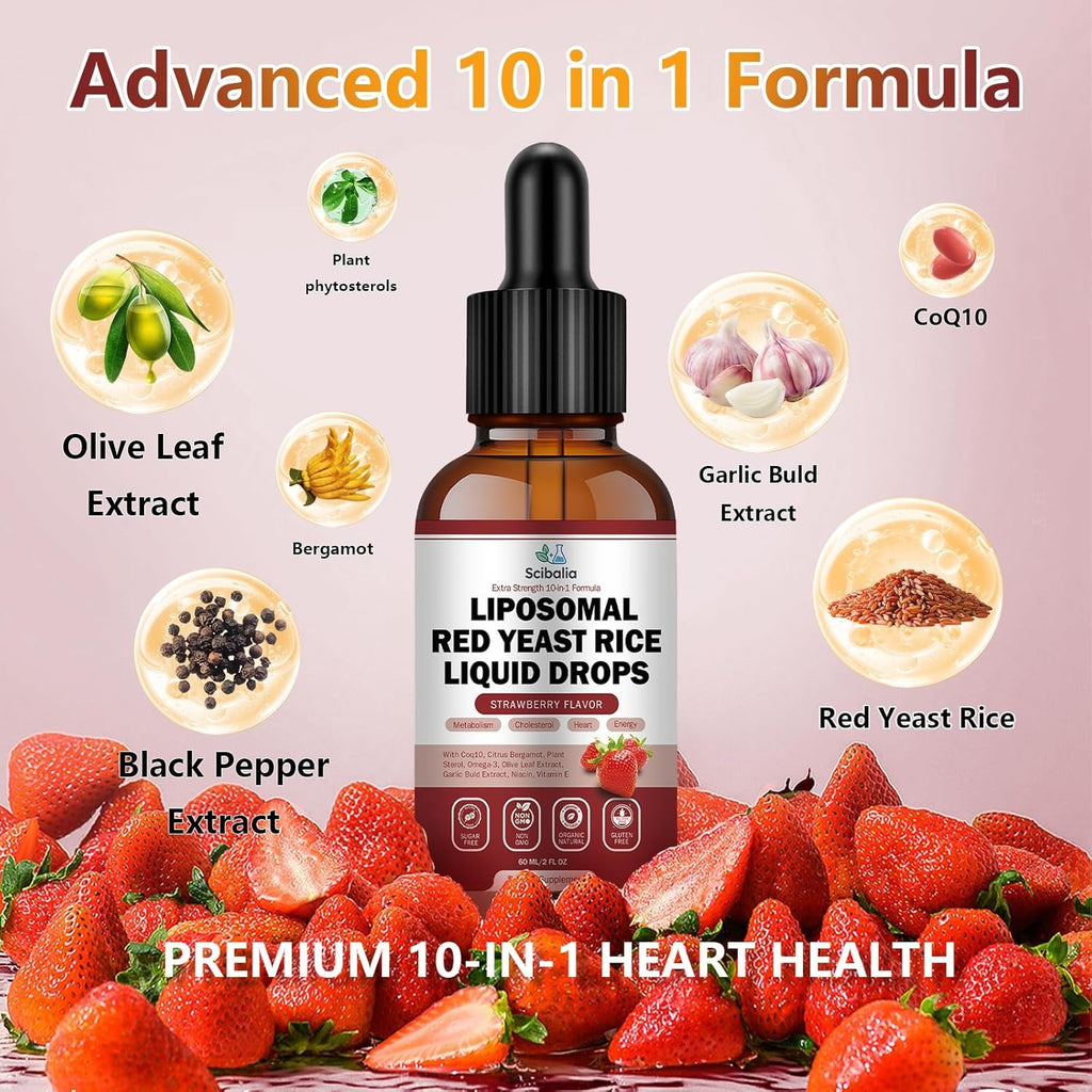 Liposomal Red Yeast Rice Liquid Drop 1200Mg 10-In-1 Organic Red Rice Yeast with Coq10 Citrus Bergamot Plant Sterols Garlic, Extra Strength Cholesterol Lowering Supplements for Women Men