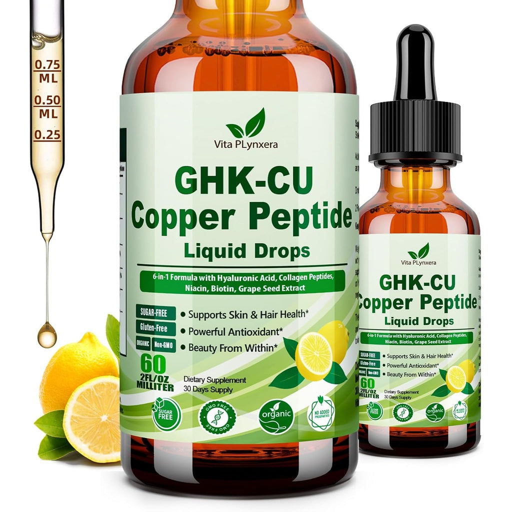 Vita Plynxera GHK-CU Peptide Supplement Liquid Drops, Premium 6-In-1 GHK CU Copper Peptides W. Marine Collagen Hyaluronic Acid Biotin for Anti-Aging, Skin Hair Growth Support, Oral Drops丨Women Men