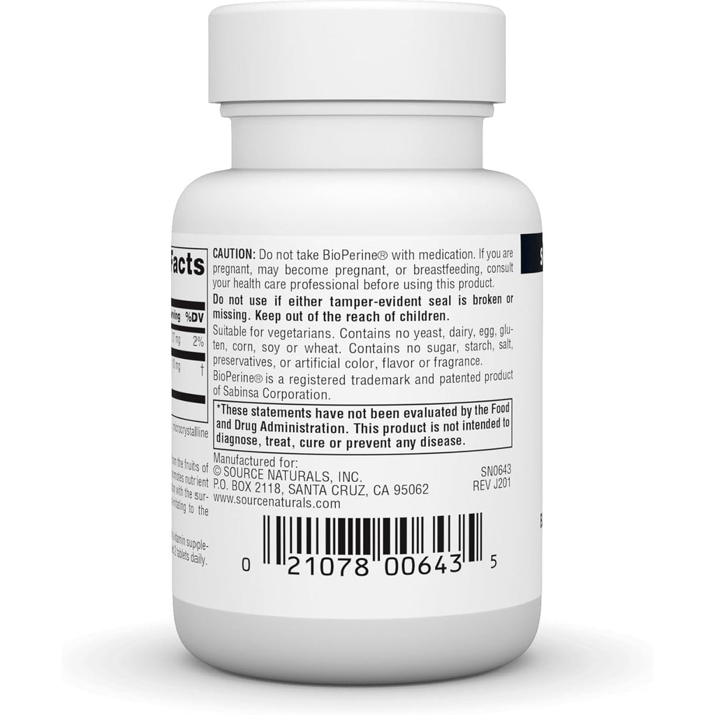 Source Naturals Bioperine, Black Pepper Fruit Extract - Promotes Nutrient Absorption - 60 Tablets