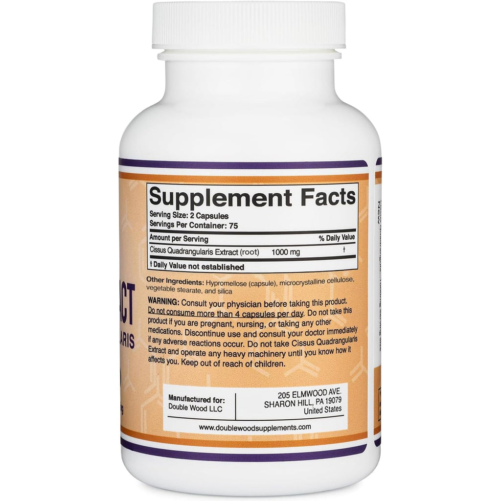 Double Wood Supplements Cissus Quadrangularis Super Extract, 150 Capsules (Non-Gmo, Gluten Free) Dietary Supplement for Joint and Tendon Health, 1000Mg Serving Size