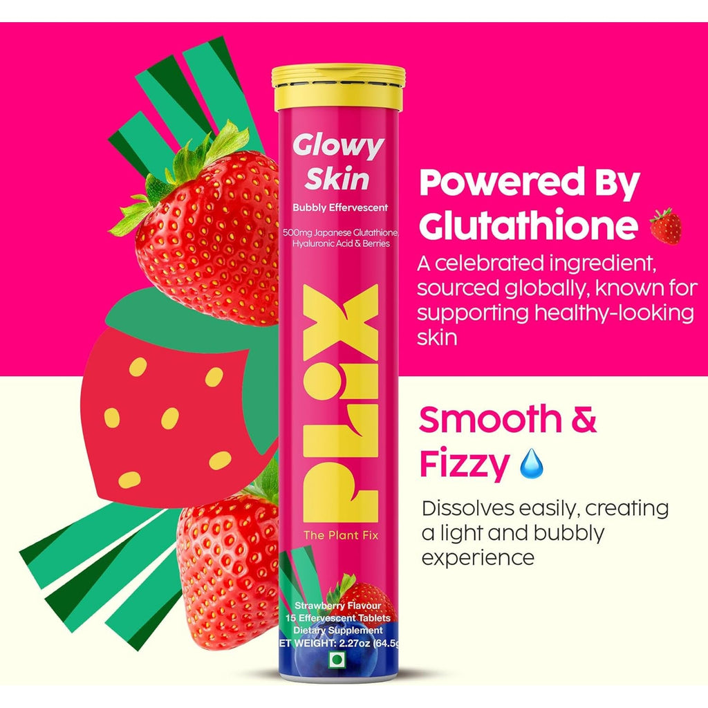 PLIX Glowy Skin 500Mg Glutathione Supplement with Hyaluronic Acid, Vitamin C, E & Berries | 30 Effervescent Tablets, Strawberry Flavor