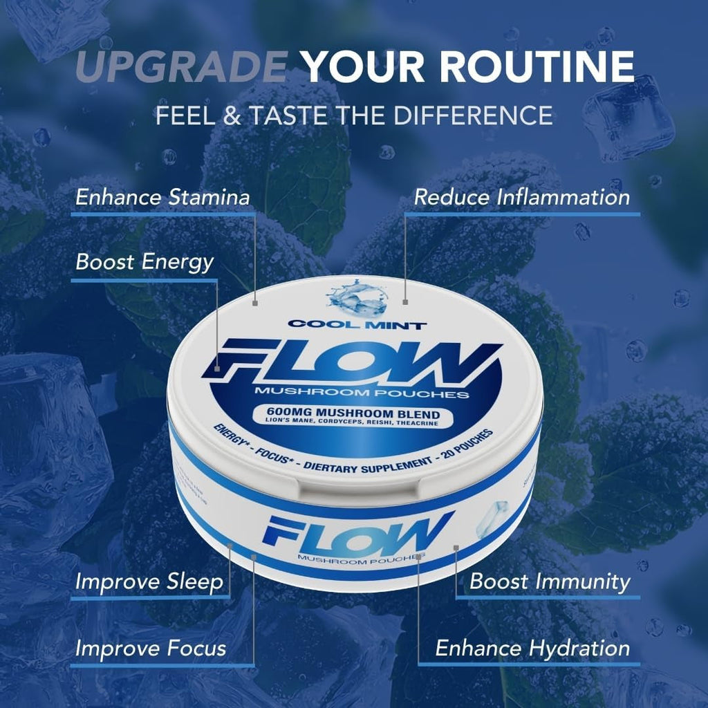 Flow Pouches Mushroom Nootropic Pouches - 600Mg Organic Mushroom Energy Ultra Pouches with Lion'S Mane, Reishi, Cordyceps for Focus & Clean Energy - Zero Caffeine or Sugar (5 Can Pack, Cool Mint)