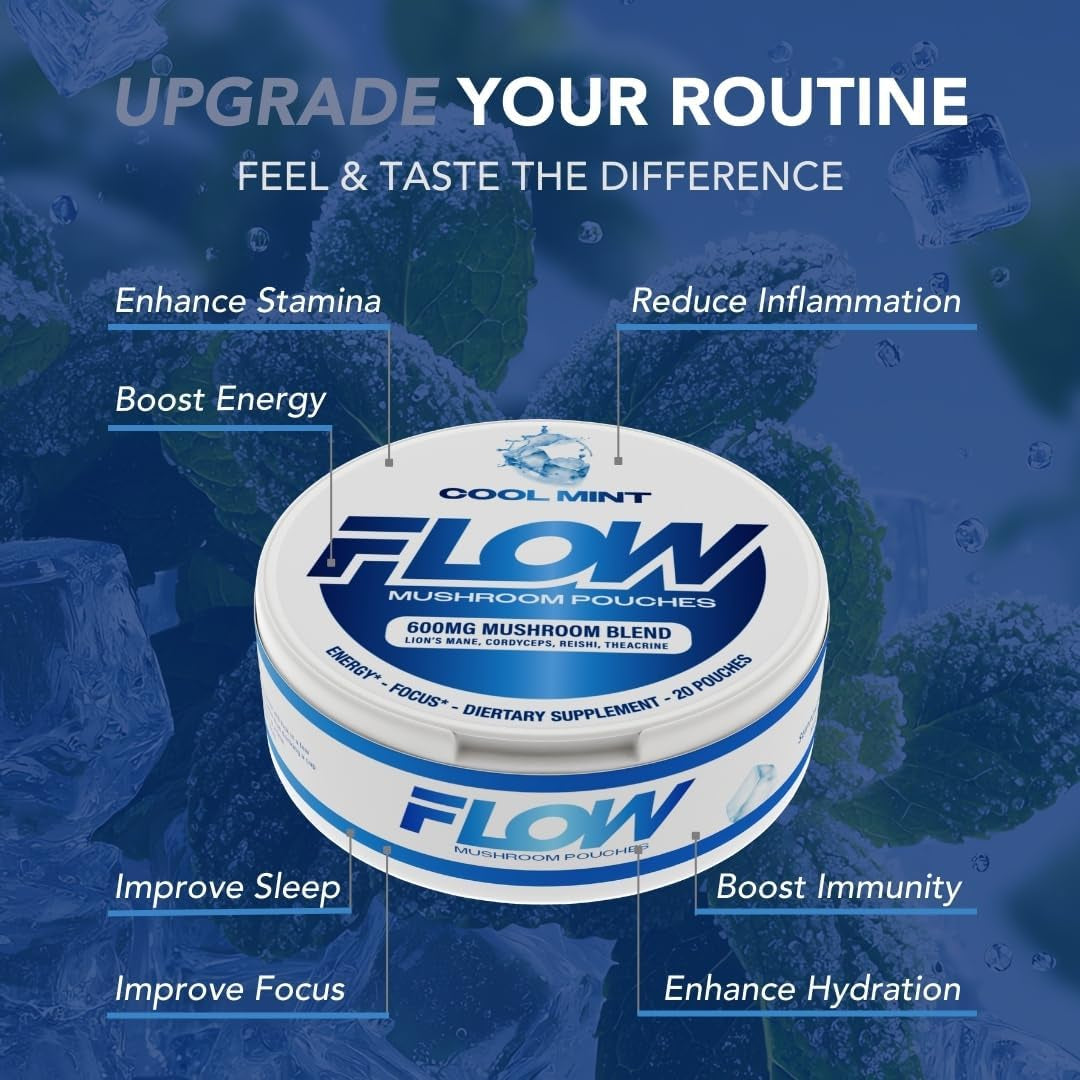 Flow Pouches Mushroom Nootropic Pouches - 600Mg Organic Mushroom Energy Ultra Pouches with Lion'S Mane, Reishi, Cordyceps for Focus & Clean Energy - Zero Caffeine or Sugar (5 Can Pack, Cool Mint)