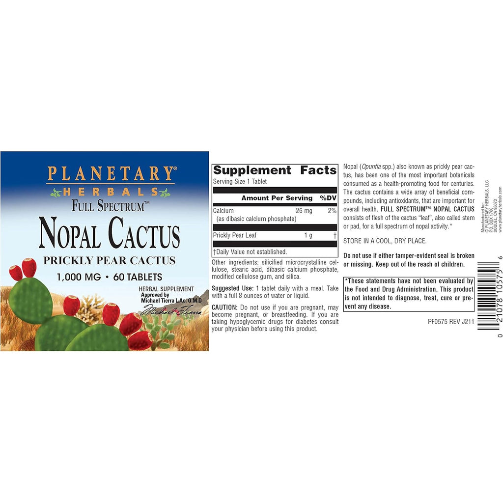 Planetary Herbals Full Spectrum Nopal Cactus 1000Mg Prickly Pear Cactus Antioxidant - 100% Natural - 60 Tablets