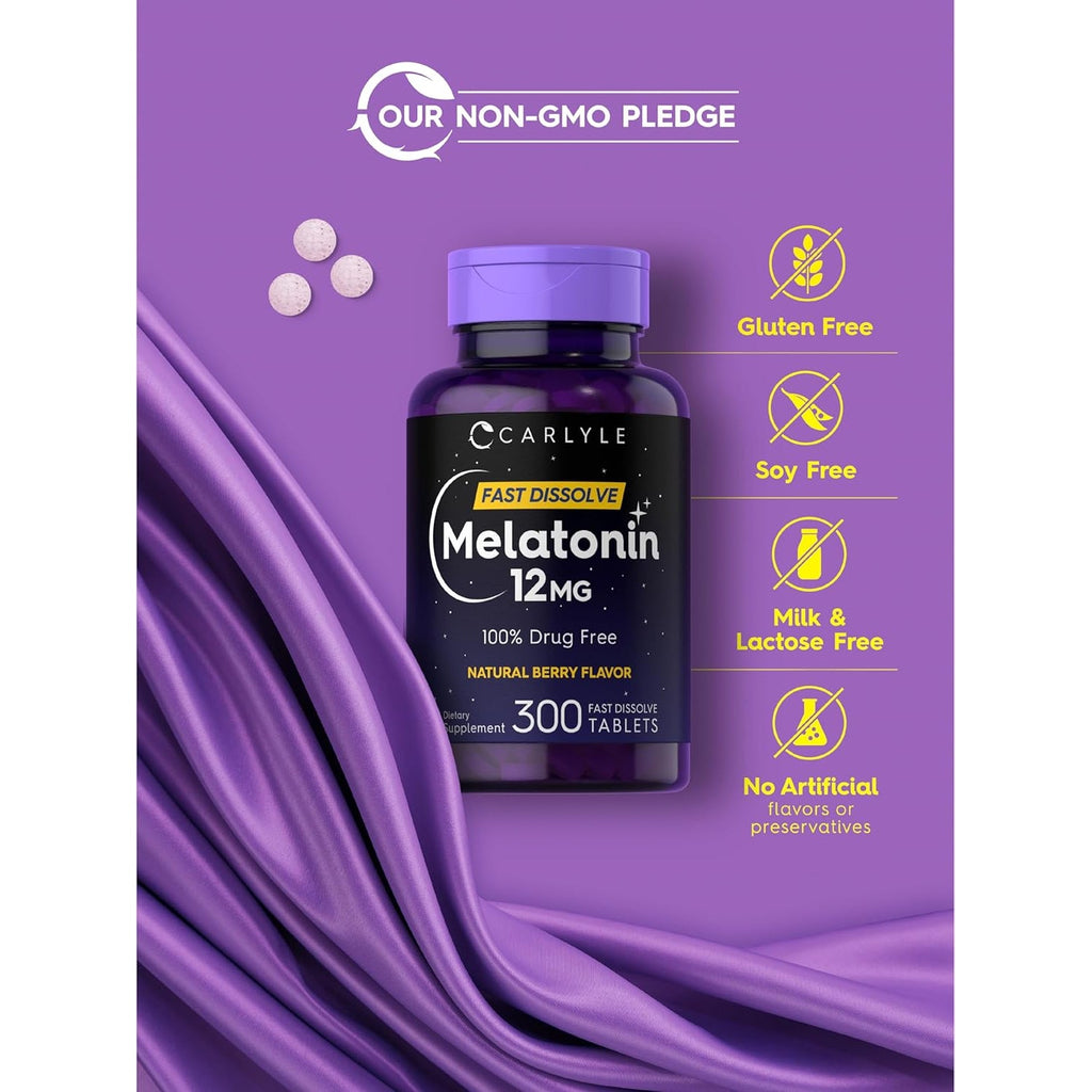 Carlyle Melatonin 12 Mg Fast Dissolve 300 Tablets | Drug Free | Natural Berry Flavor | Vegetarian, Non-Gmo, Gluten Free