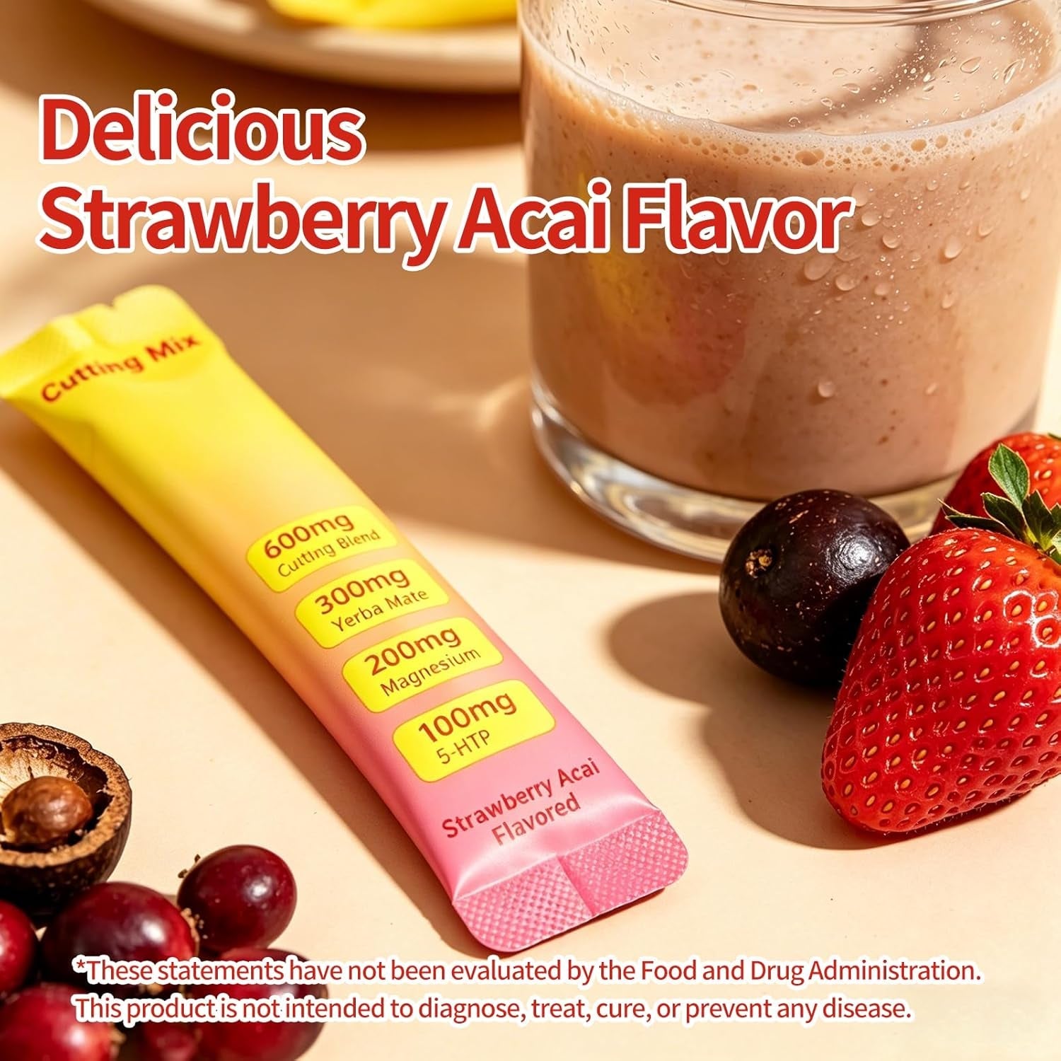 Cutting Drink Mix | Supports Satiety Signaling,Supports Energy & Gut Health with Berberine&Chromium&Fos&Yerba Mate & 5-Htp,Strawberry Açaí – 30 Sticks
