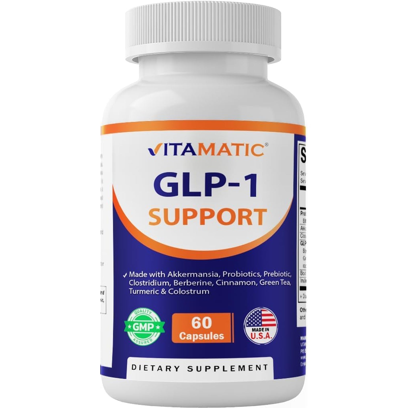 Vitamatic GLP-1 Support Supplement for Men & Women 60 Capsules - Made with Akkermansia, Probiotics, Prebiotic, Clostridium, Berberine, Cinnamon, Green Tea, Turmeric & Colostrum