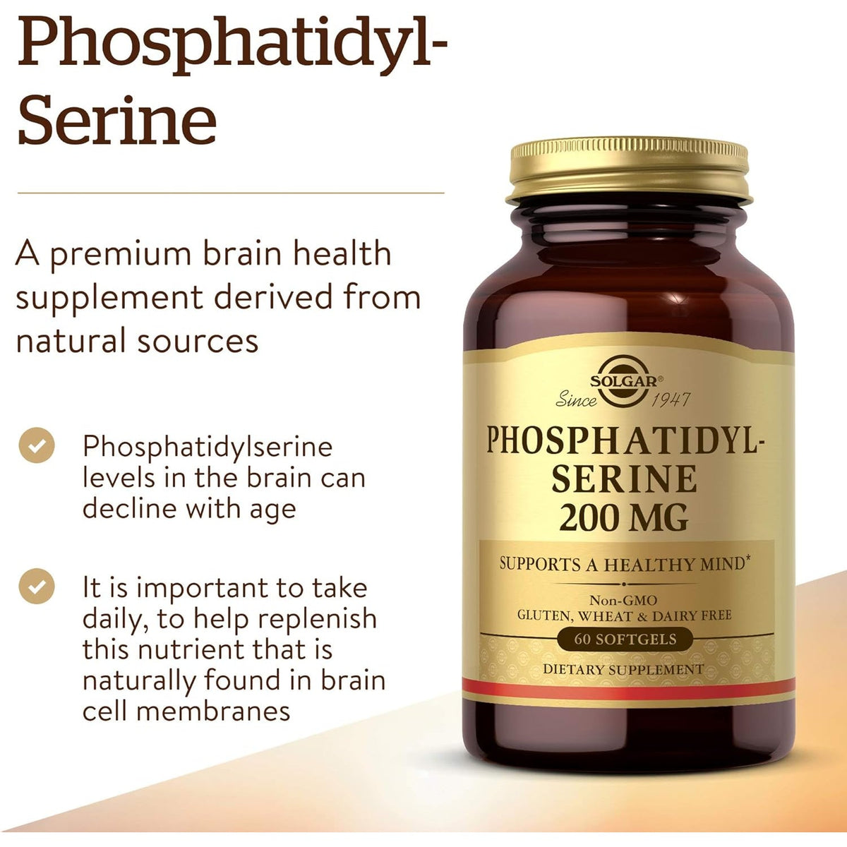 Solgar Phosphatidyl-Serine 200 Mg, 60 Softgels - Premium Brain Health Supplement, Supports a Healthy Mind & Cognitive Function - Gluten Free, Dairy Free - 60 Servings