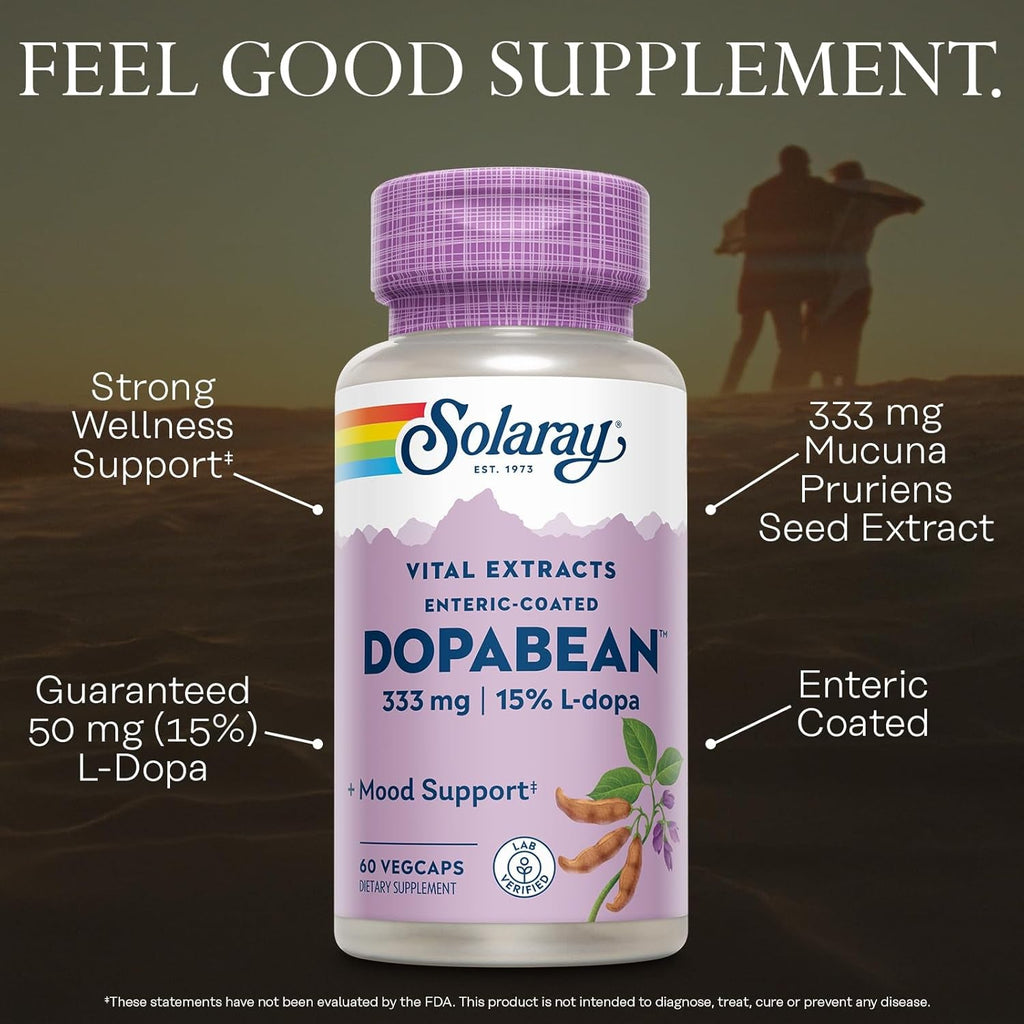 SOLARAY Dopabean 333Mg - Mucuna Pruriens L-Dopa - Wellness Support Supplement - Velvet Beans Seed Extract with 15% L Dopa plus Alpha Galactosidase - Enteric Coated, 60-Day Guarantee - 60 Servings