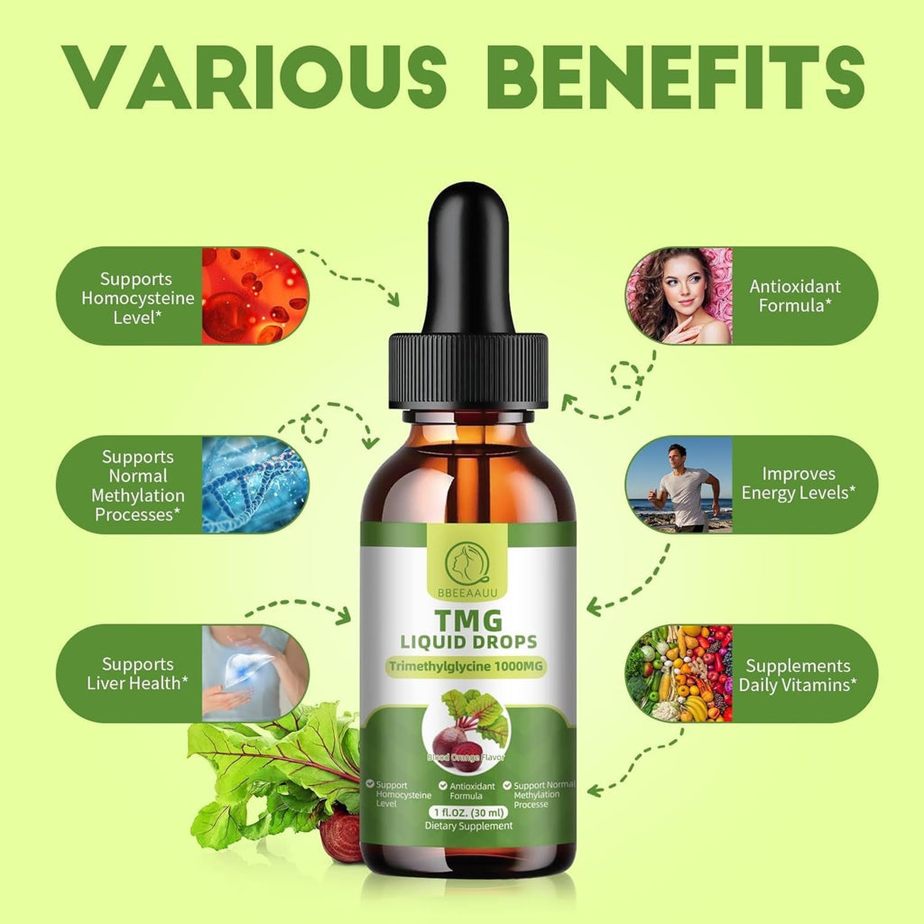 TMG Supplements 1000MG - Trimethylglycine Liquid Drops, Betaine High Absorption, Supports Methylation, Liver Wellness & Cognitive, Non-Gmo, Vegan, Blood Orange Flavor, 1 Fl.Oz (2 Pack)