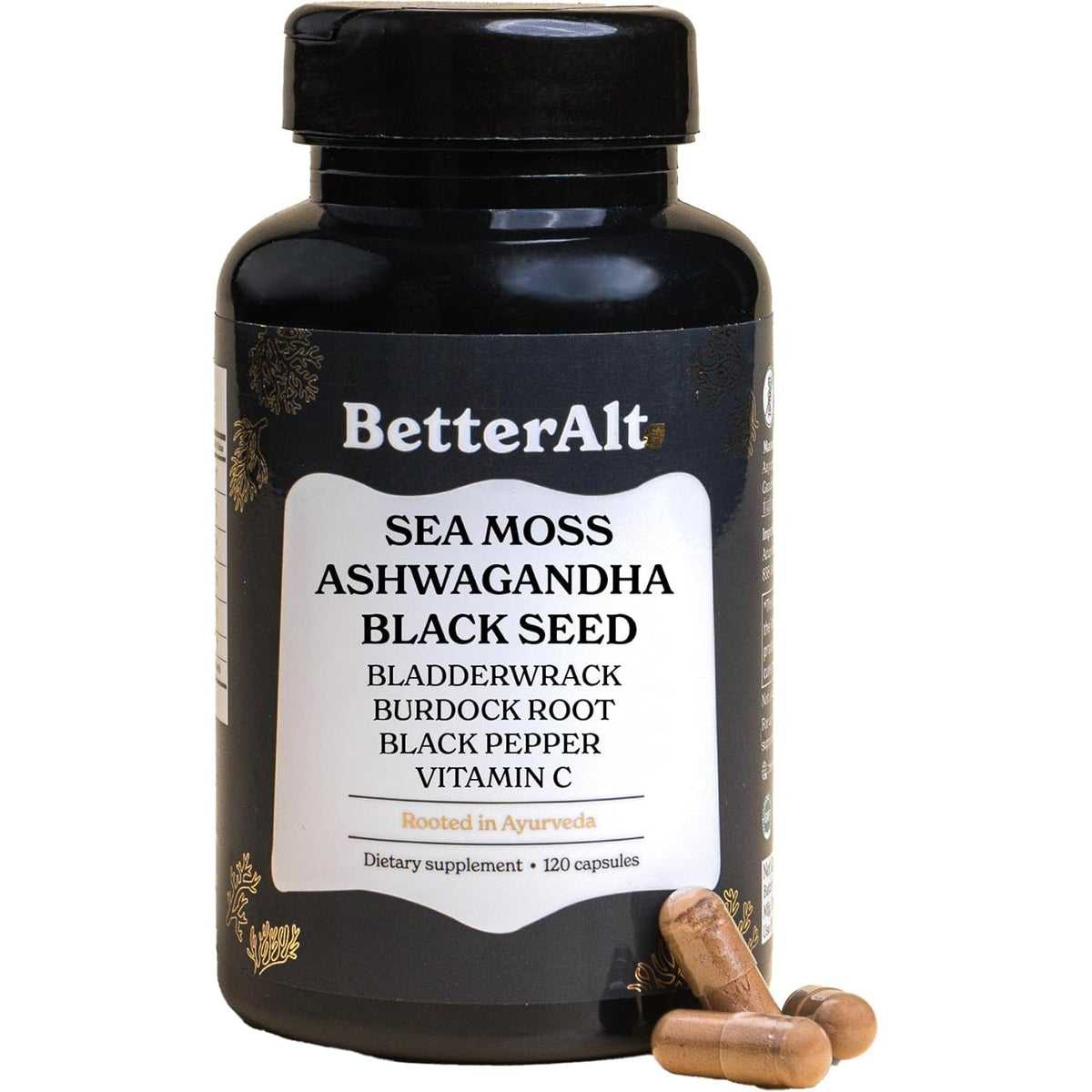 3000Mg Iris Sea Moss, 2000Mg Black Seed Oil, 1000Mg Ashwagandha, 1000Mg Burdrock Root, 1000 Mg Bladderwrack with Black Pepper & Vitamin C | Vitality & Energy Support | All-In-One Supplement | 120 Caps