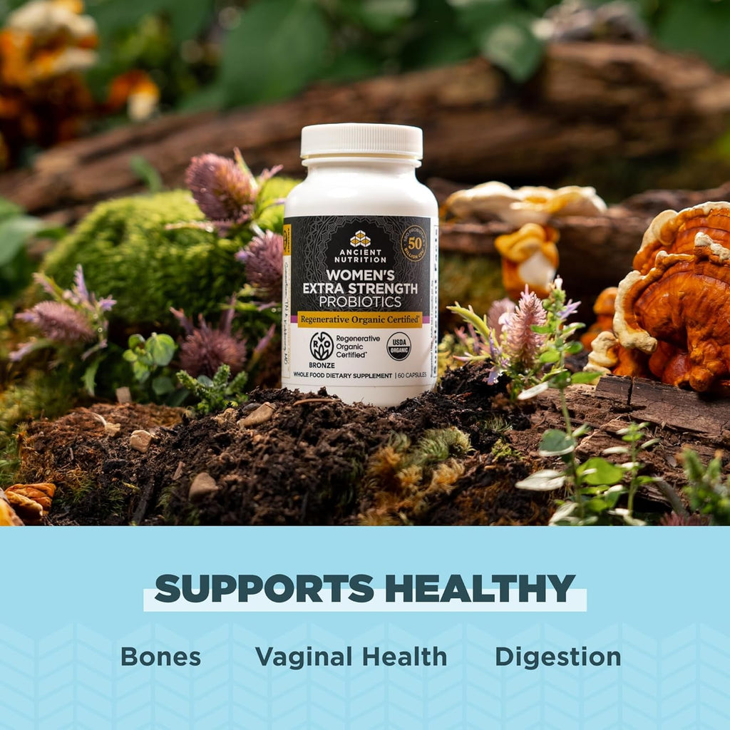 Ancient Nutrition Regenerative Organic Certified Probiotics for Women, Probiotics Women’S Extra Strength, Healthy Digestion and Immune System Function Support, 25 Billion Cfus* per Serving, 60 Count