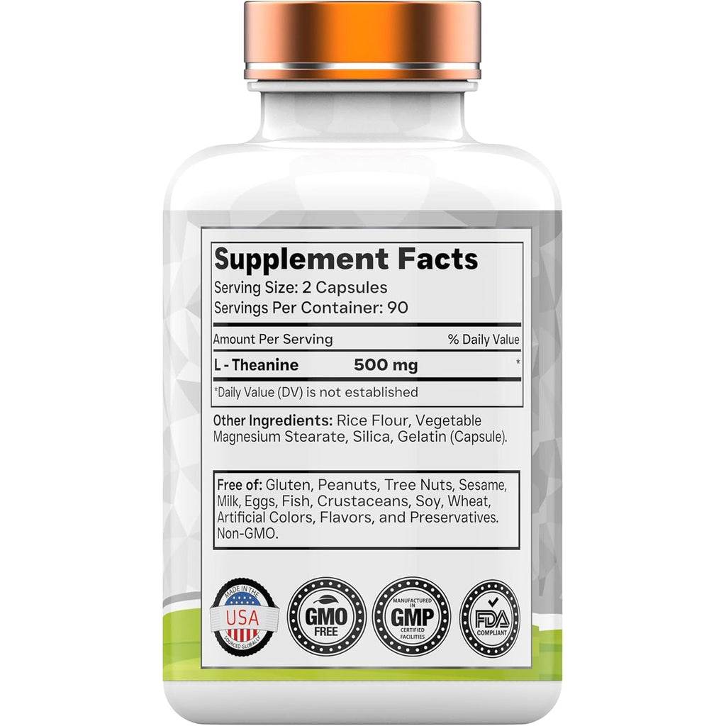Tnvitamins L-Theanine Capsules 500 Mg per Serving, 180 Capsules | Calm Focus & Relaxation Support* | Helps Promote Stress Balance, Mental Clarity & Mood Support* | Non-Gmo, Made in USA