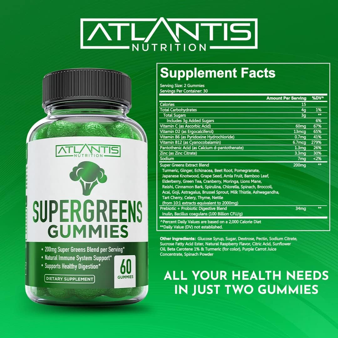 Atlantis Nutrition Supergreens Gummies - Daily Green Superfoods Supplement with Spinach, Broccoli, Moringa, Beet Root, Celery, Green Tea, & Acai for Immunity Support - Natural Raspberry Flavor, 60 Cnt