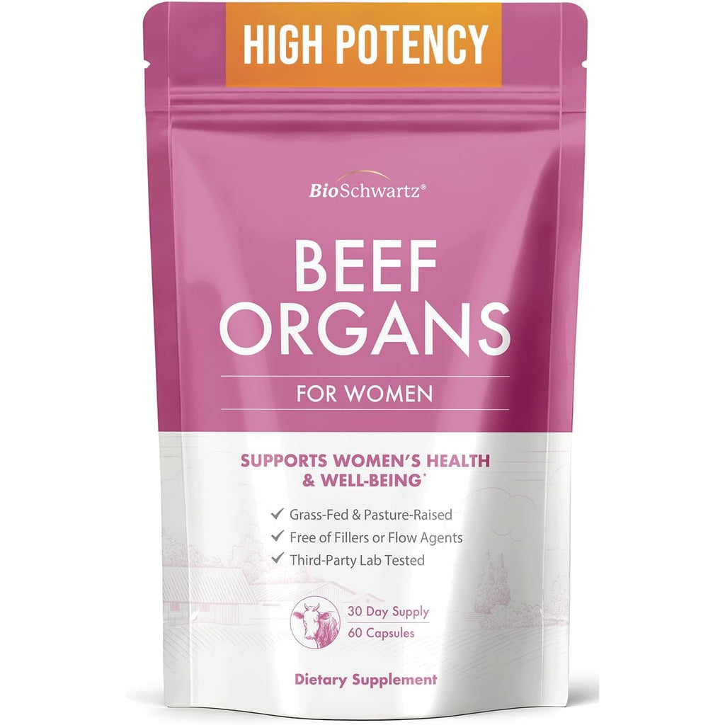 Bioschwartz Primal Beef Organ Supplement for Women - 60 Capsules - Grass-Fed & Pasture-Raised - Supports Healthy Hair Skin and Nails, Hormone Balance - with Bovine Liver, Kidney, Heart, Uterus Powder