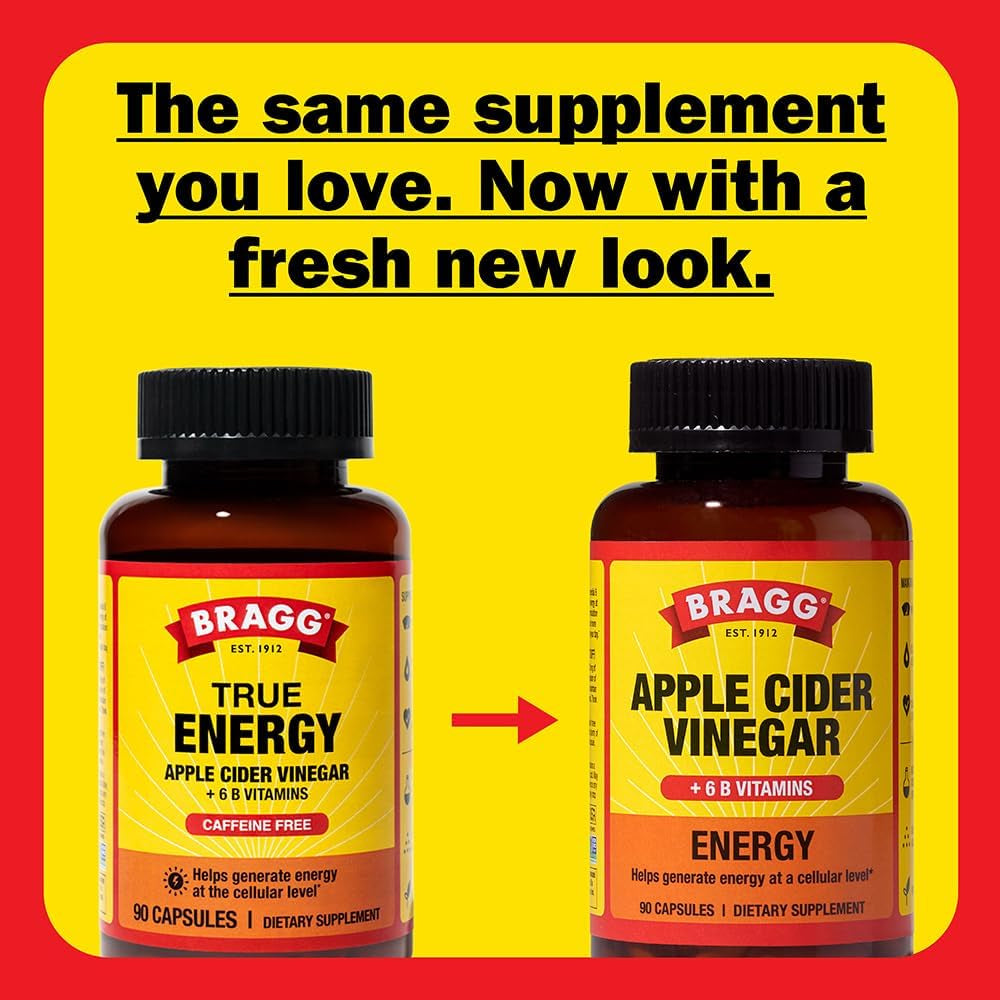 Bragg Energy Apple Cider Vinegar Capsules with B-12 Vitamins - 90 Capsules - Weight Management - Non-Gmo, Vegan, Gluten Free, No Sugar - Helps Generate Energy at Cellular Level for Men and Women