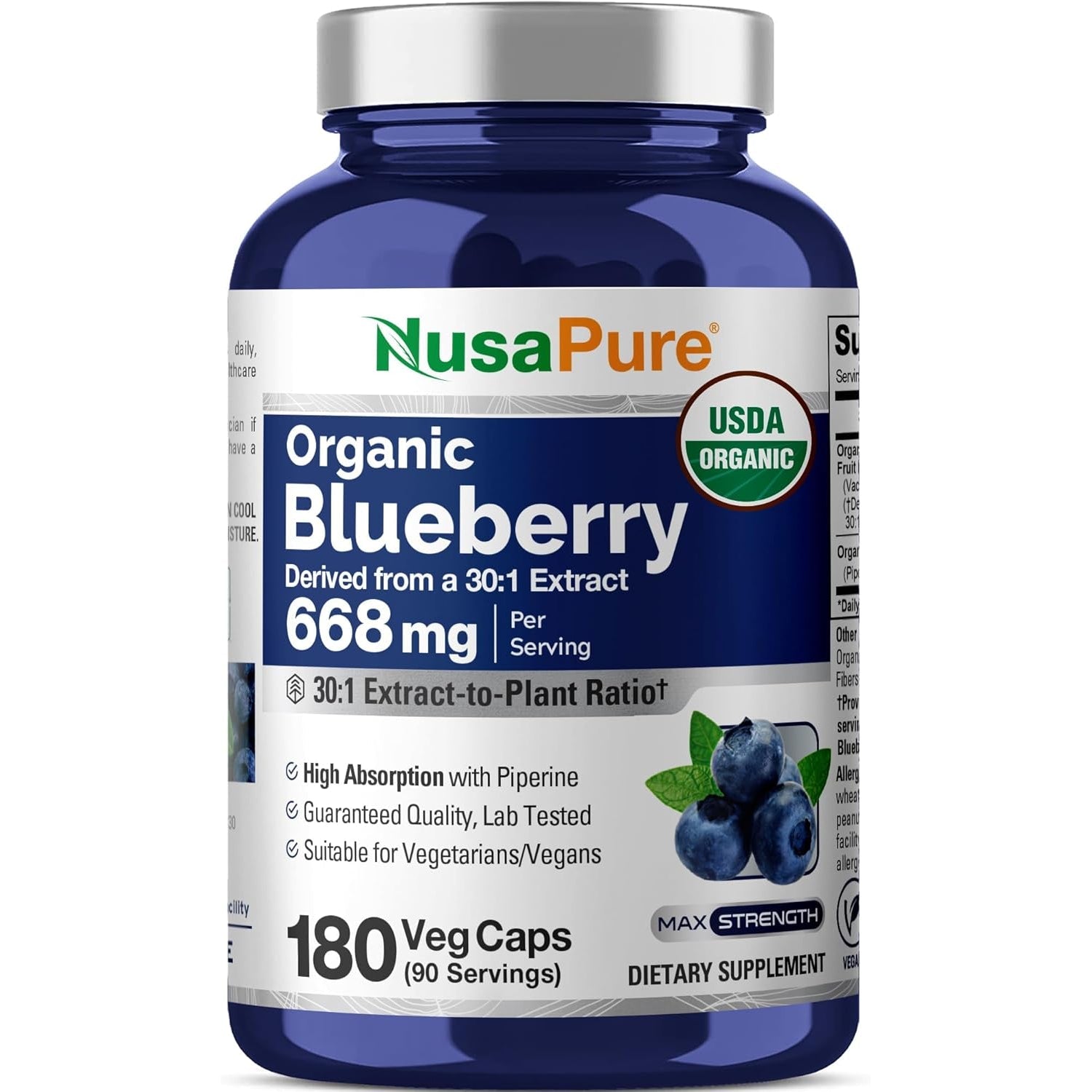 Nusapure Organic Blueberry Capsules, 668 Mg, 180 Veg Capsules (Non-Gmo, Vegan, USDA)